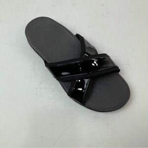 Vionic Merced Black Patent Criss Cross Slide Sandals Size 9